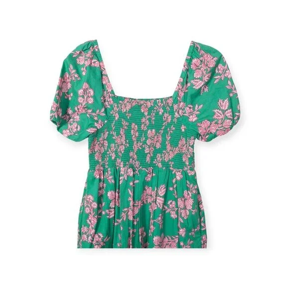 J.Crew Floral Puff Sleeve Smocked Cotton Midi Dress SZ S Green Boho Cottage Core - Picture 4 of 9